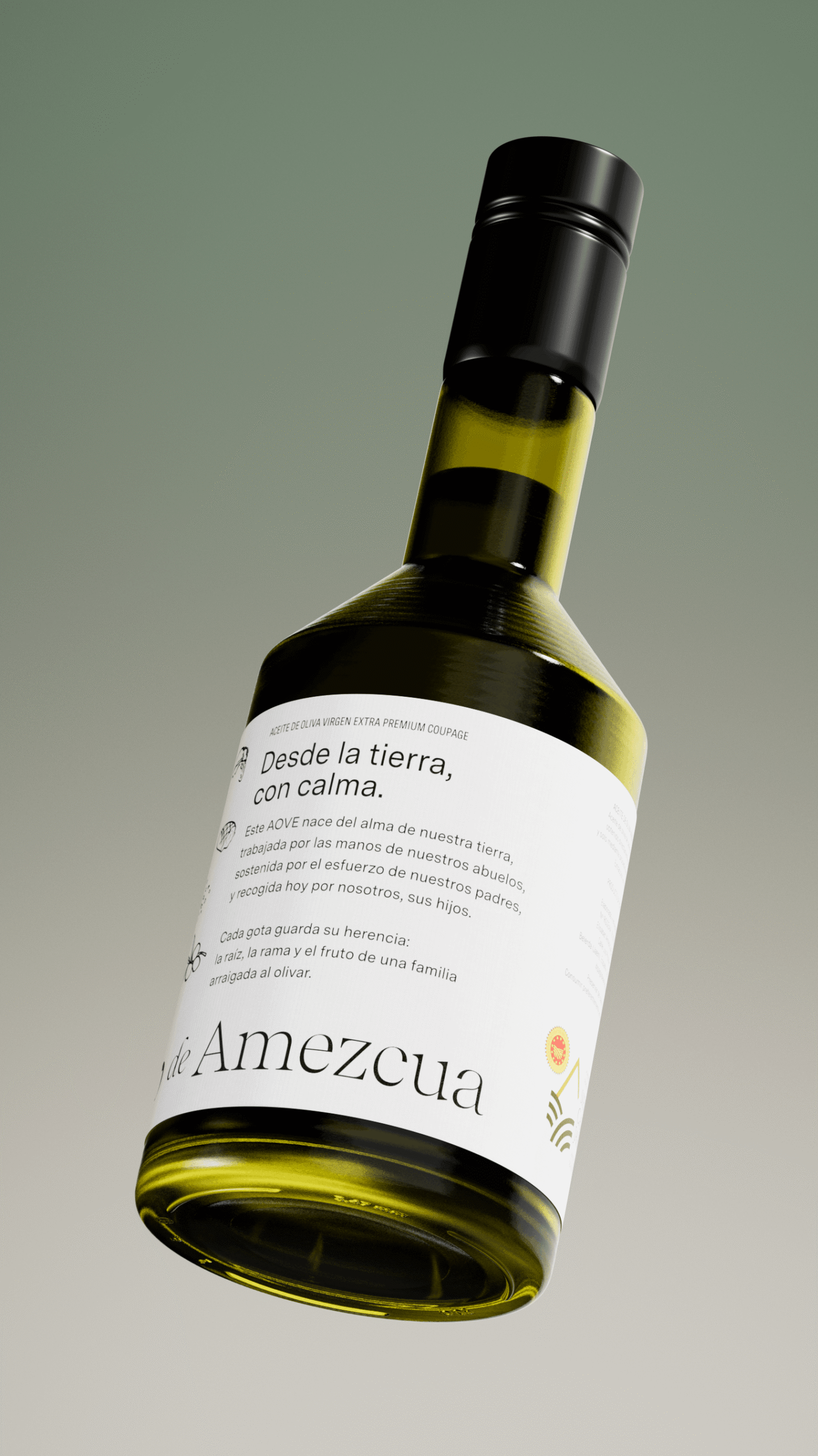 Botella con etiqueta blanca de AOVE Pago de Amezcua suspendida sobre fondo neutro minimalista
