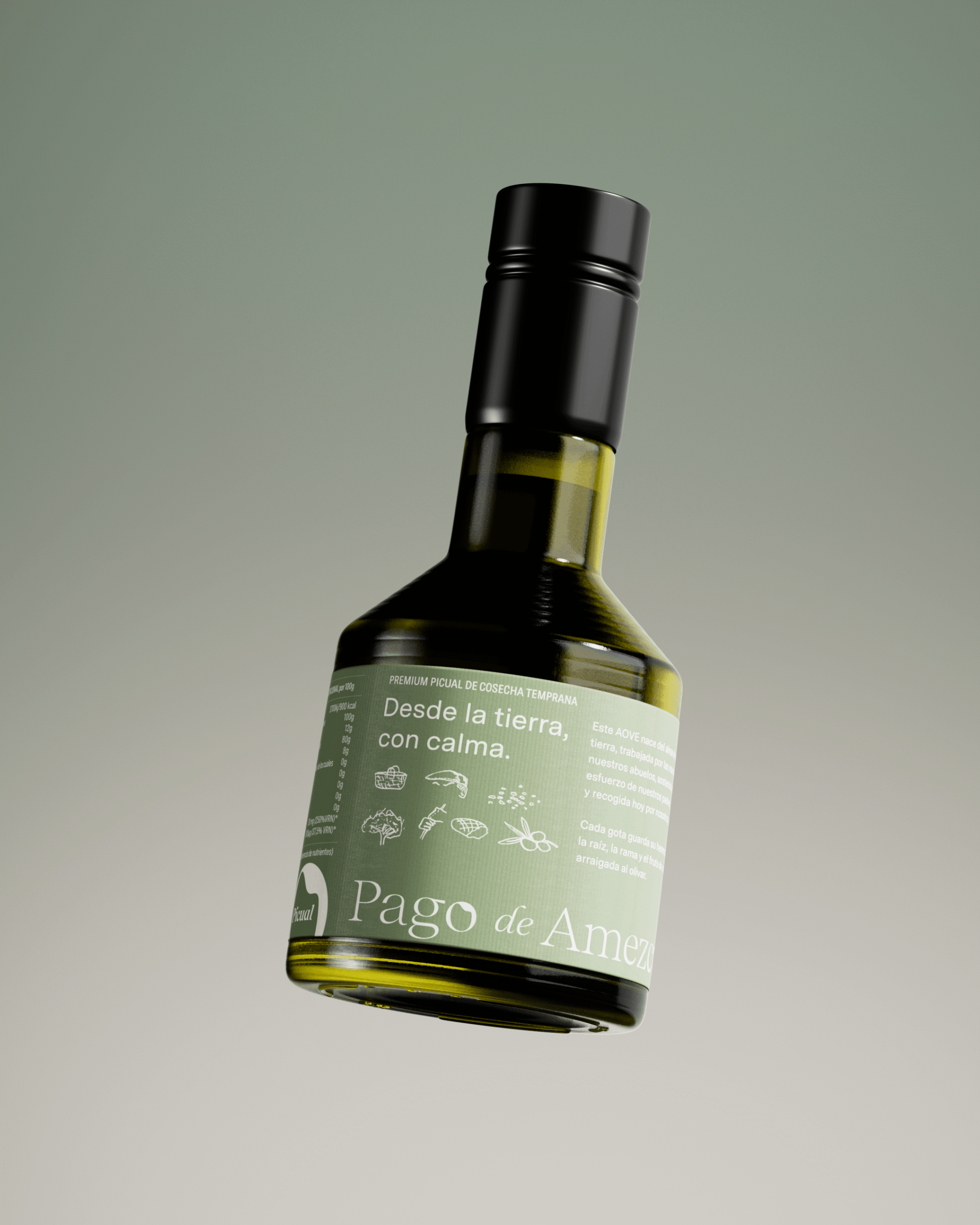 Botella verde de AOVE Pago de Amezcua suspendida sobre fondo neutro minimalista
