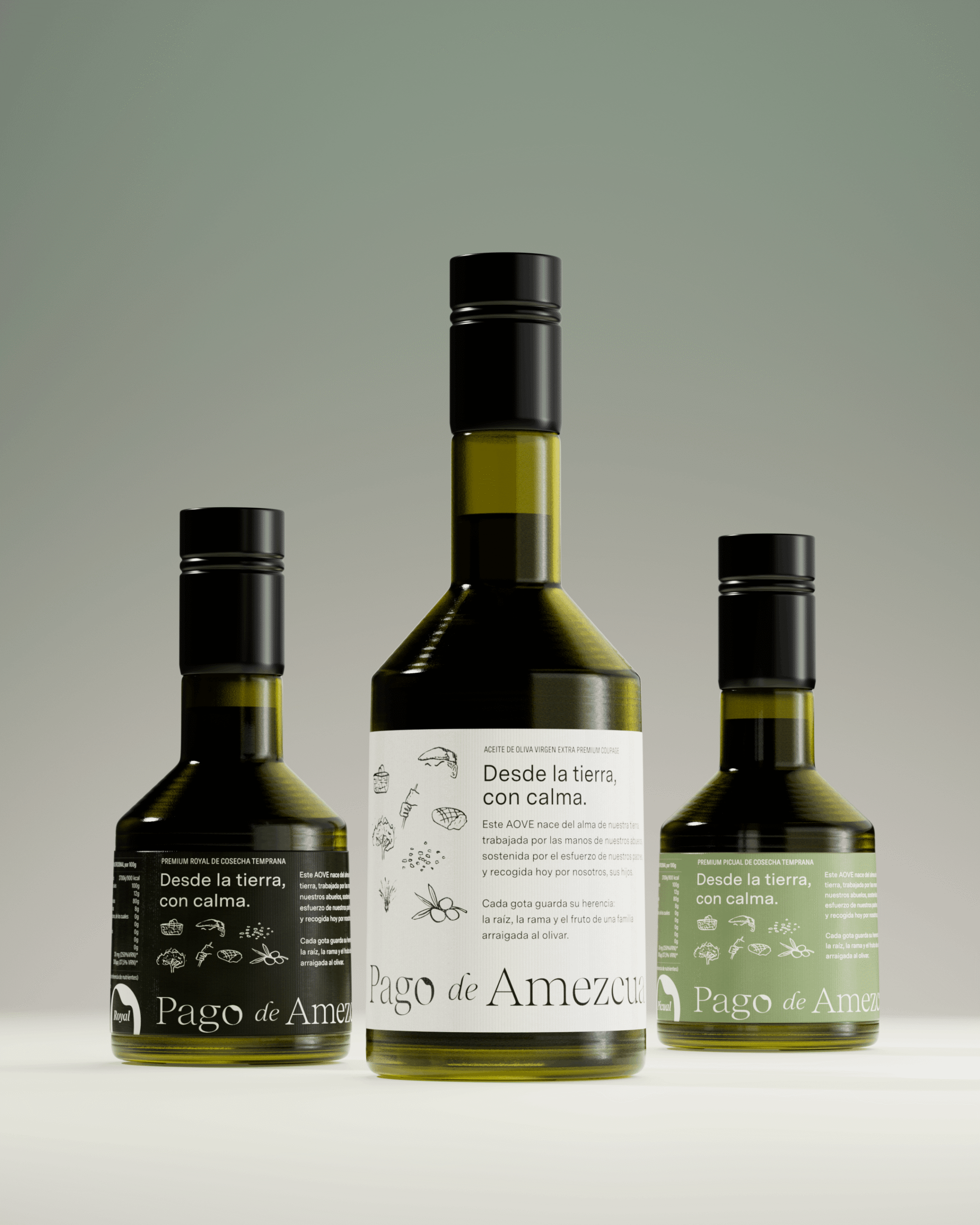 Composición frontal de botellas Pago de Amezcua con etiquetas diferenciadas por variedad