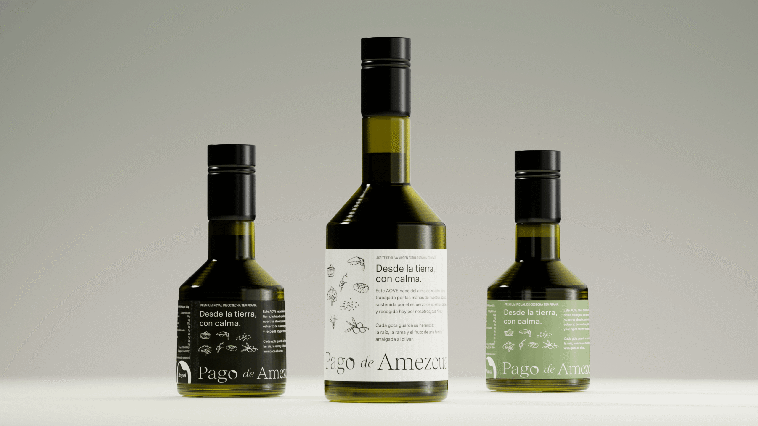 Composición frontal de botellas Pago de Amezcua con etiquetas diferenciadas por variedad