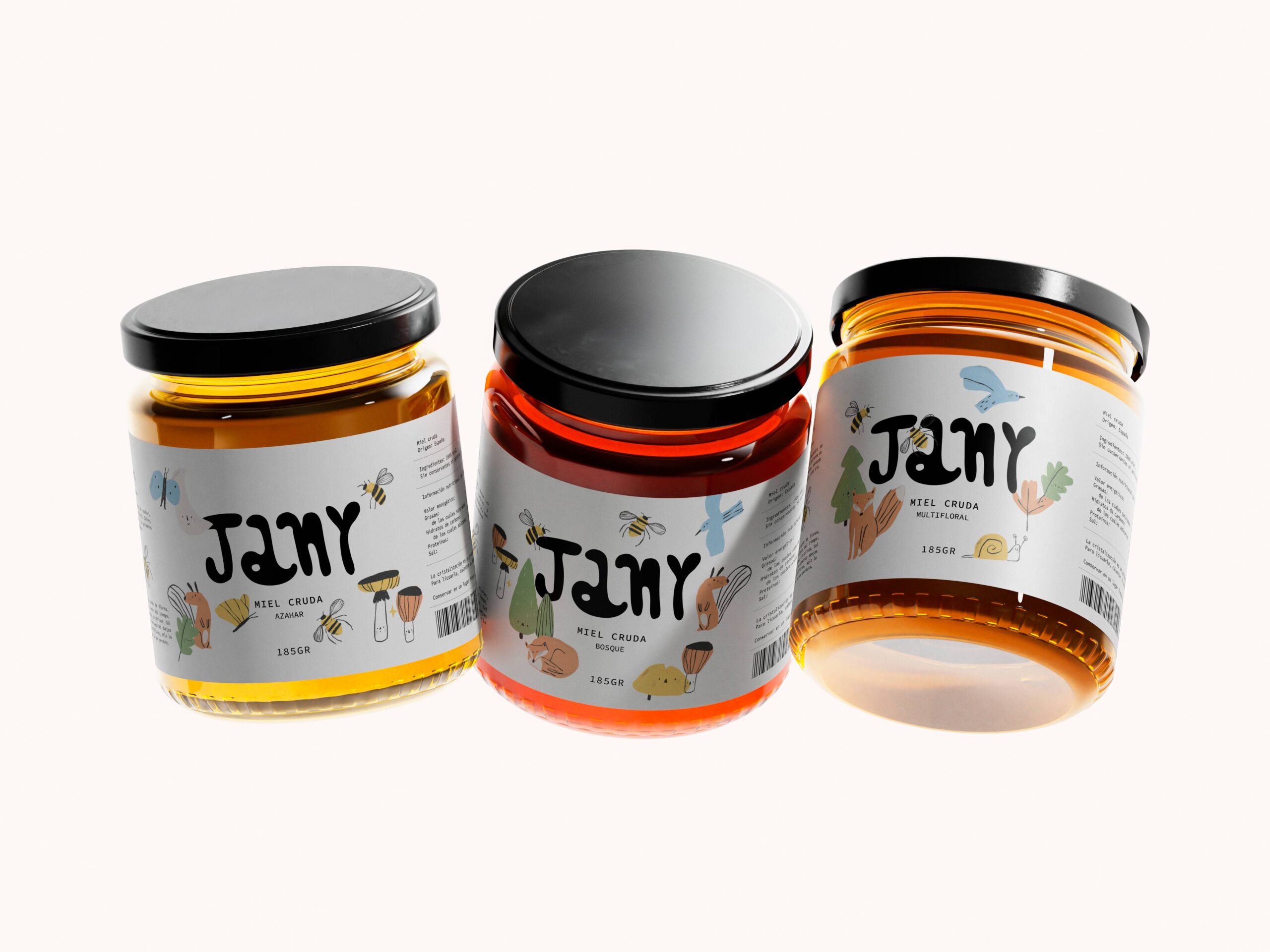 Tarros de miel Jany con ilustraciones naturales y diseño de packaging artesanal sobre fondo neutro.