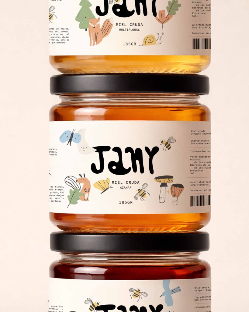 Packaging de miel Jany en tarros de vidrio con ilustraciones artesanales