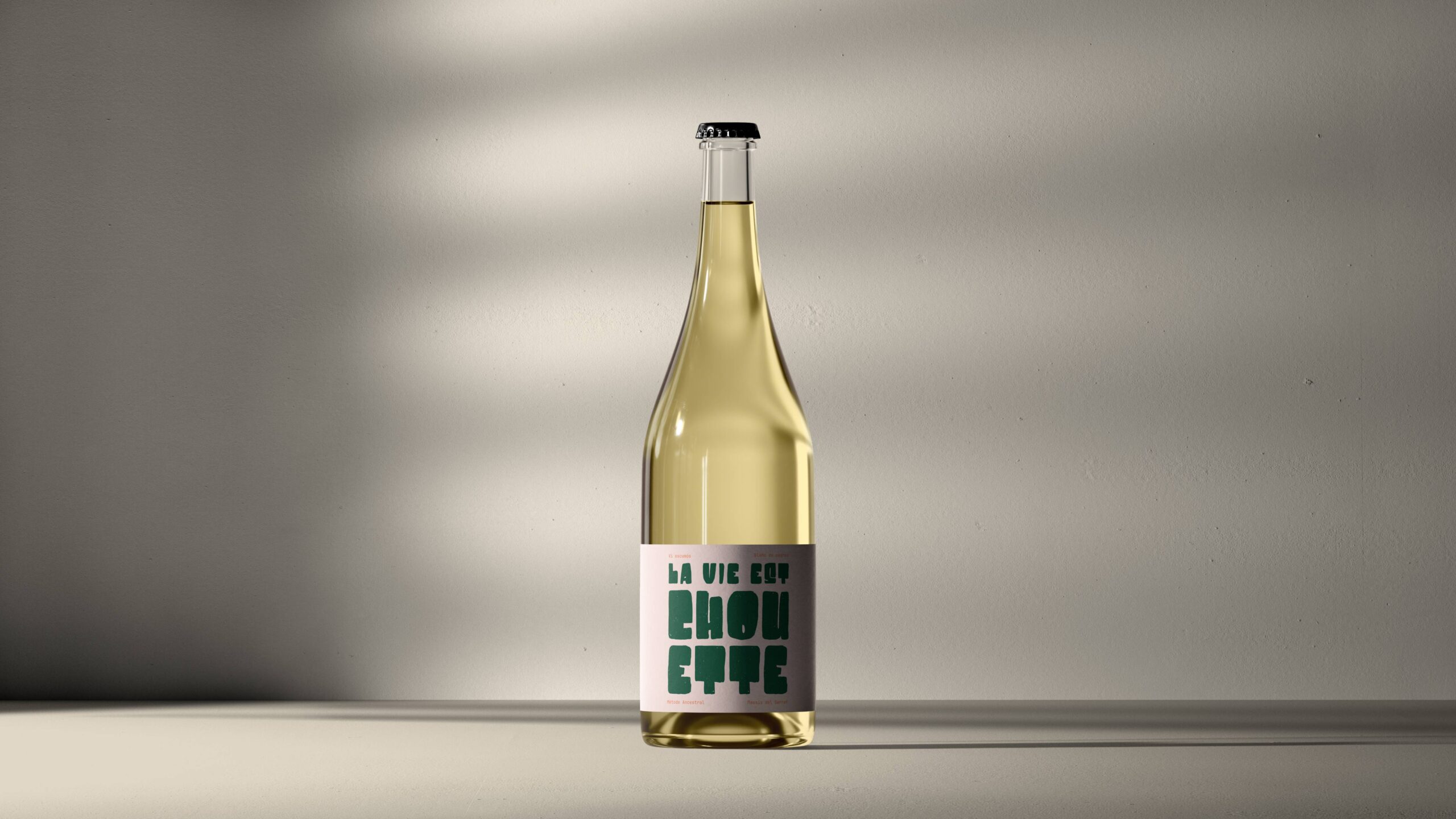 Botella de vino natural La Vie Est Chouette con etiqueta tipográfica en estudio fotográfico.