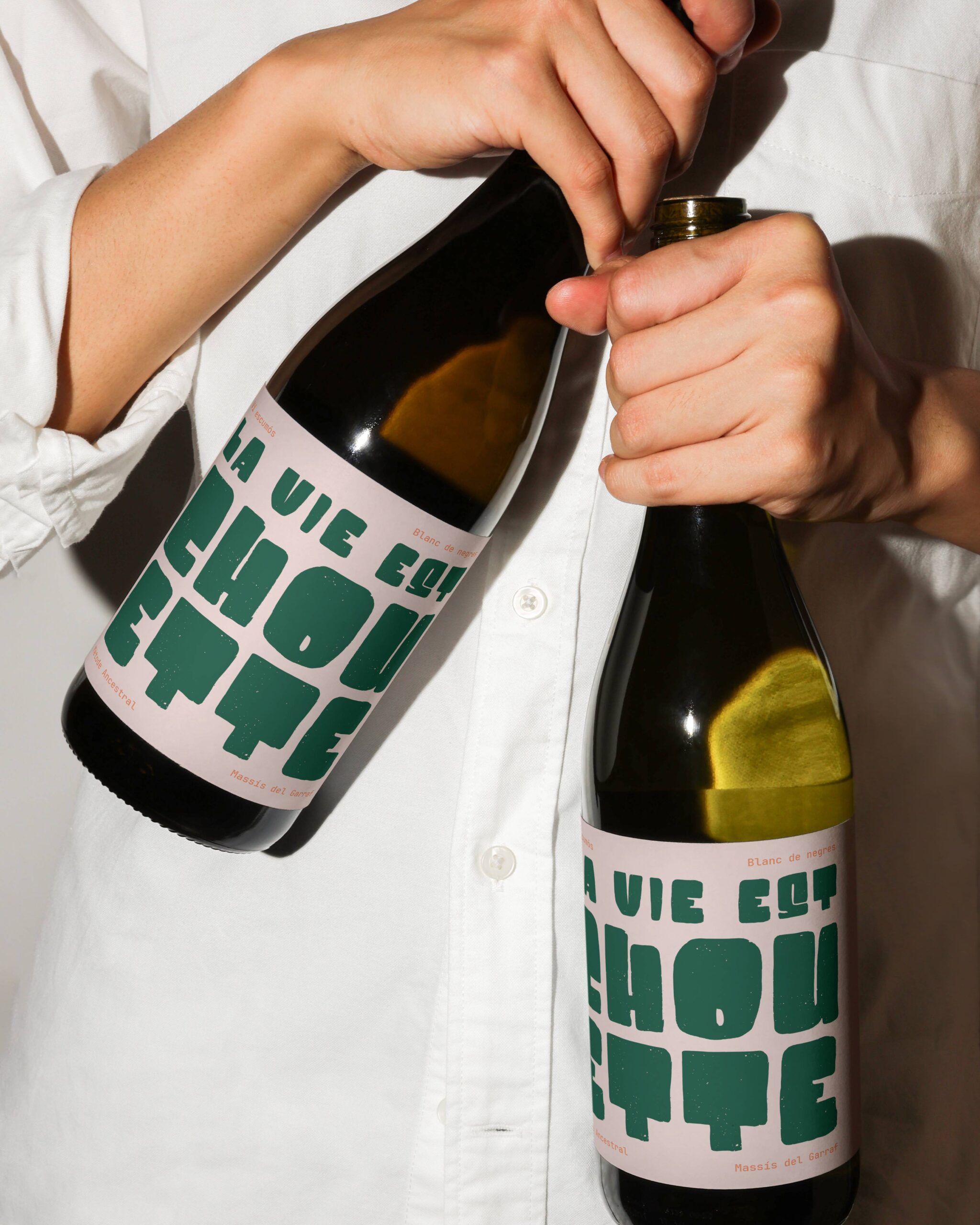 Persona sosteniendo botellas de vino La Vie Est Chouette con diseño de packaging tipográfico contemporáneo.