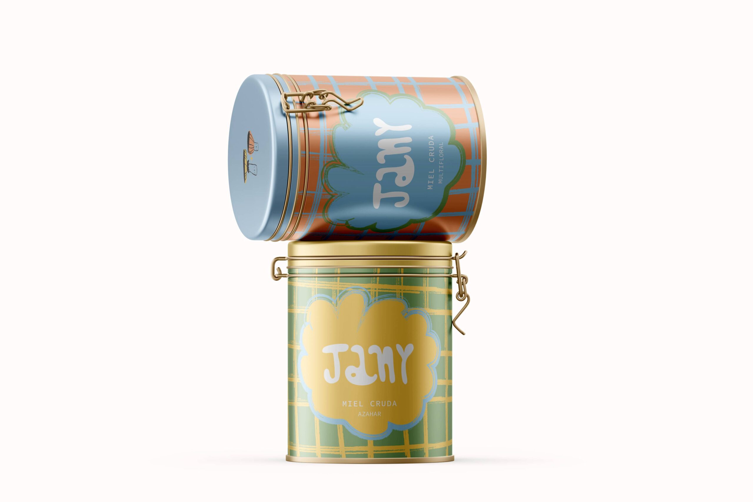 Latas metálicas y tarro de miel Jany presentados juntos en composición de producto.