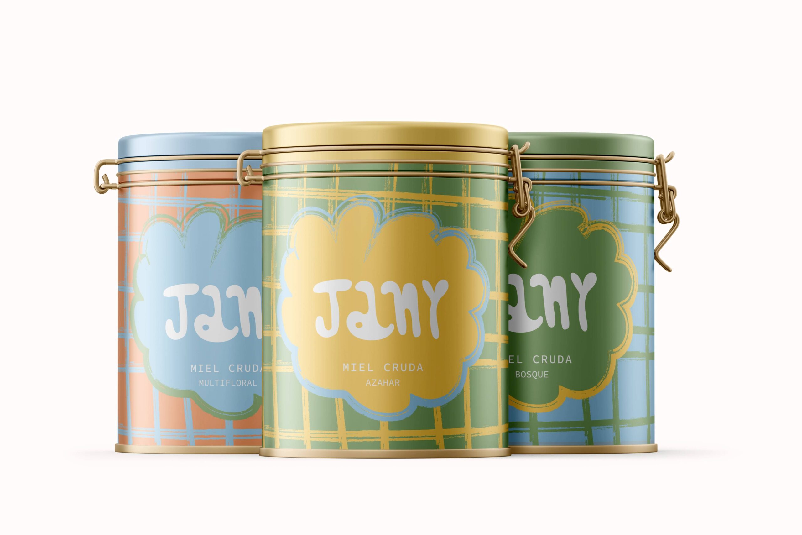 Envases de helado Gelatissim apilados con distintos sabores y diseño gráfico pastel minimalista.