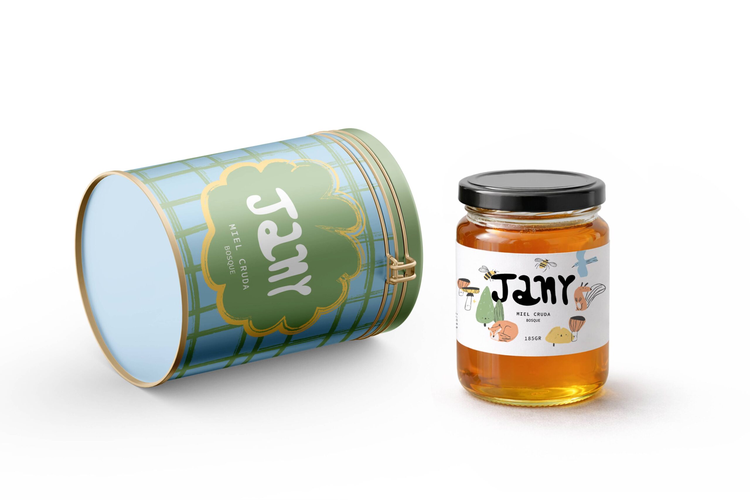 Lata metálica reutilizable con diseño cuadriculado en tonos pastel junto a un tarro de cristal de miel Jany con etiqueta ilustrada.