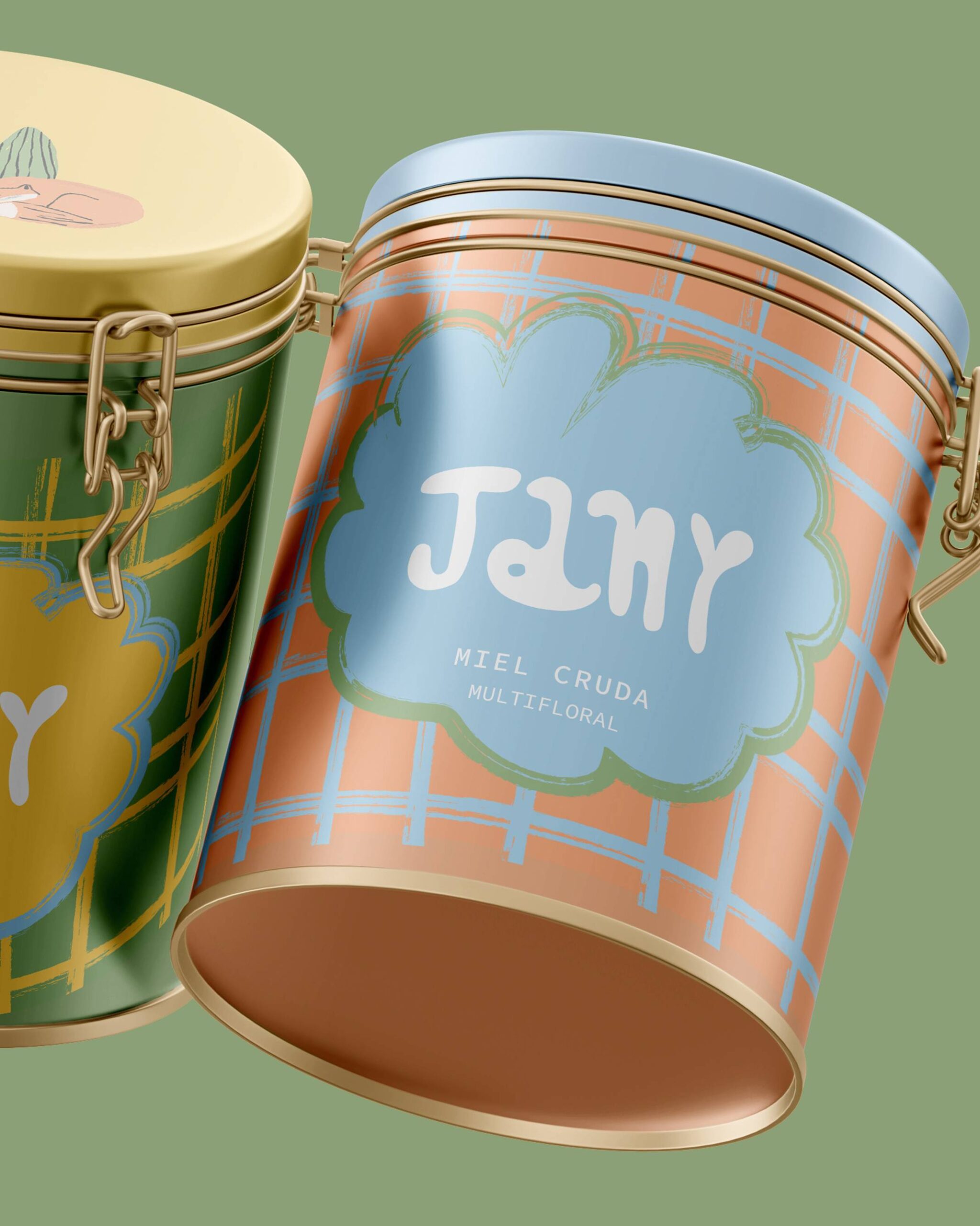 Detalle de lata metálica Jany con acabado brillante y diseño pastel ilustrado sobre fondo verde.