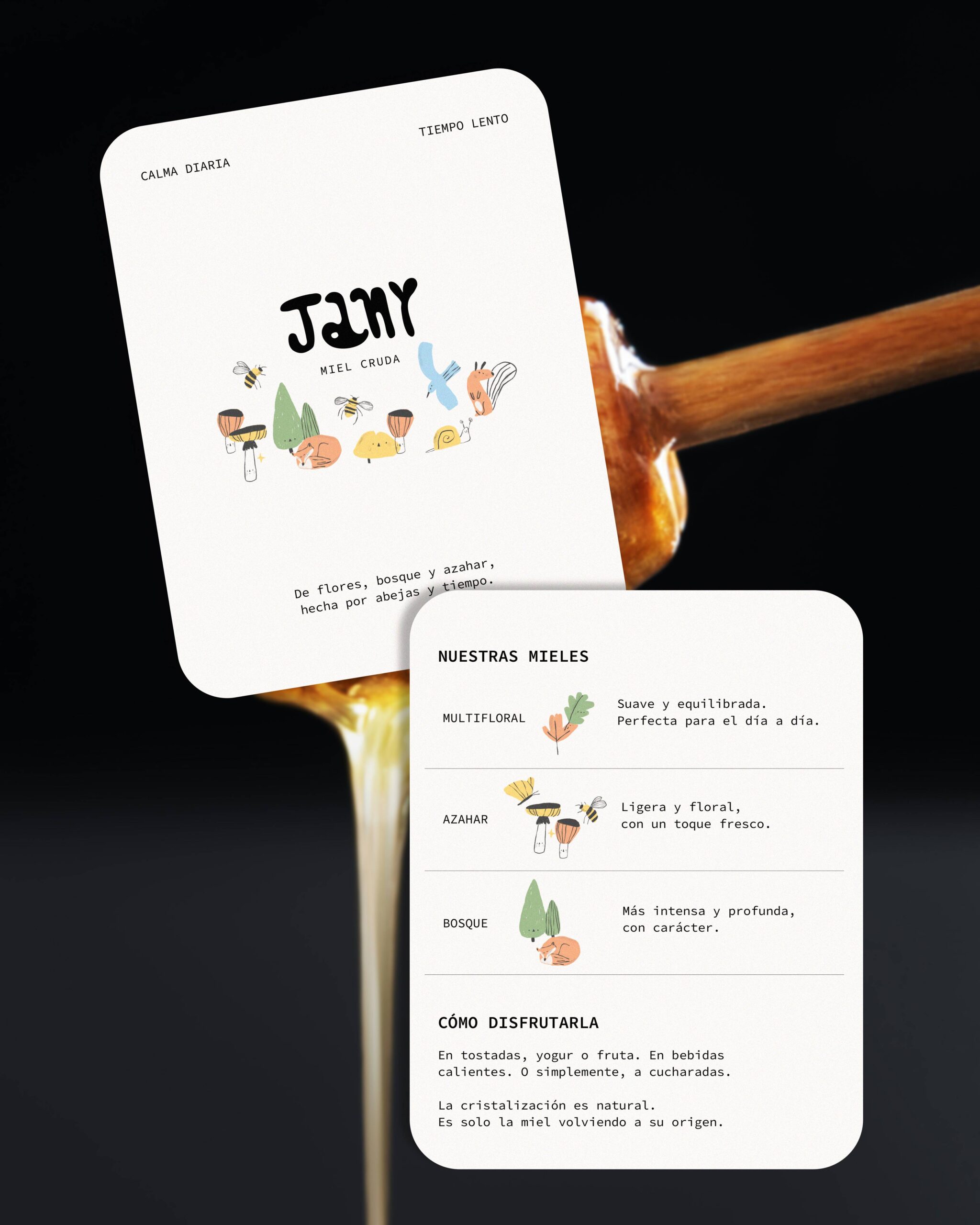 Tarjetas de presentación y packaging gráfico de Jany sobre fondo oscuro con miel.