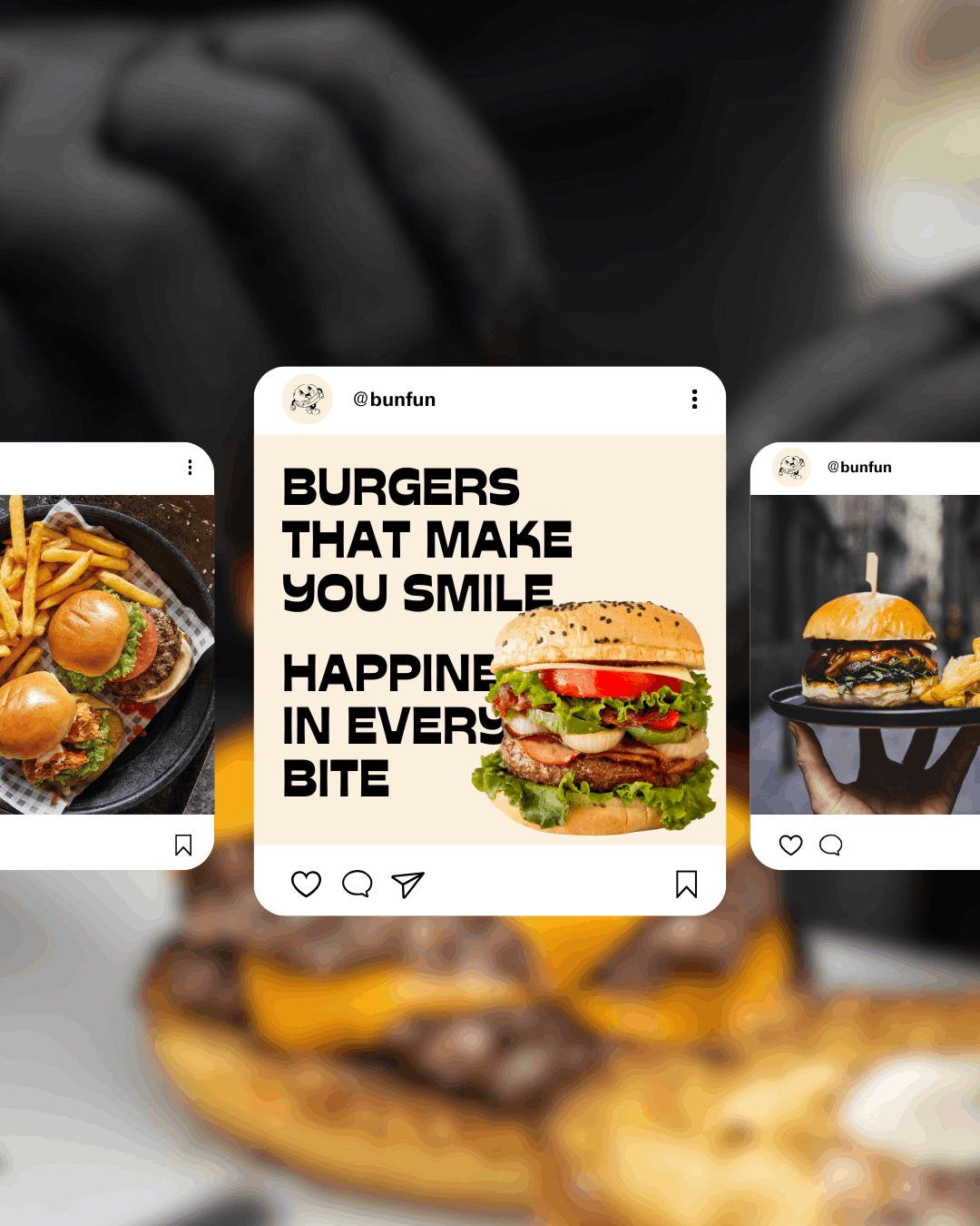 Diseño de feed para redes sociales: cuadrícula de Instagram mostrando fotografías de producto y diseño gráfico publicitario para la marca de hamburguesas.