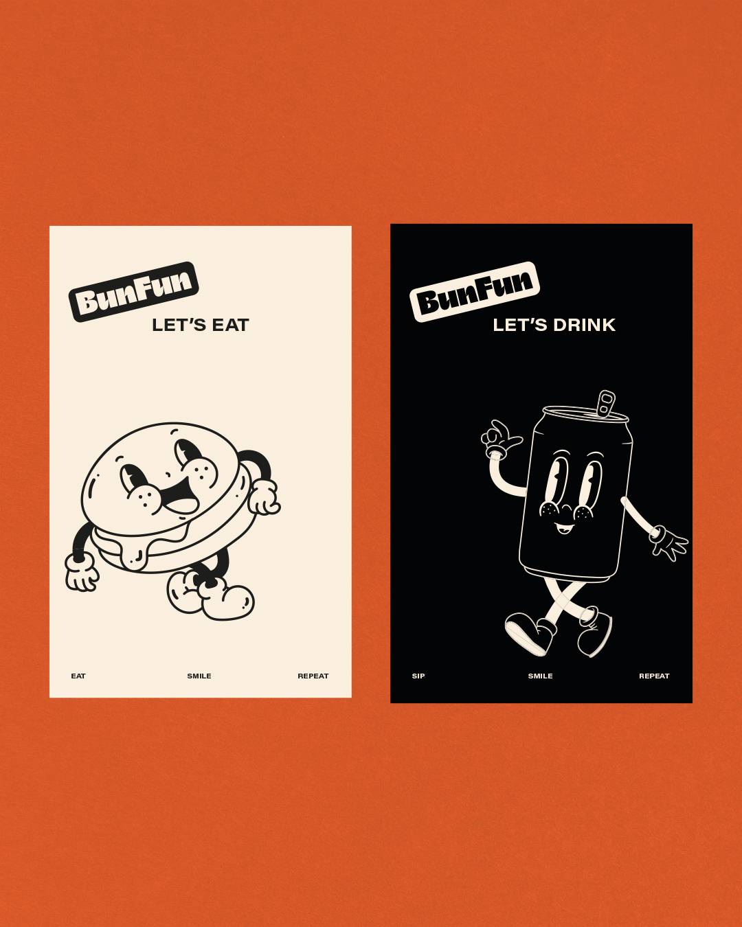 Cartelería publicitaria: pareja de pósters minimalistas en blanco y negro con los personajes de la hamburguesa y el refresco de BunFun.