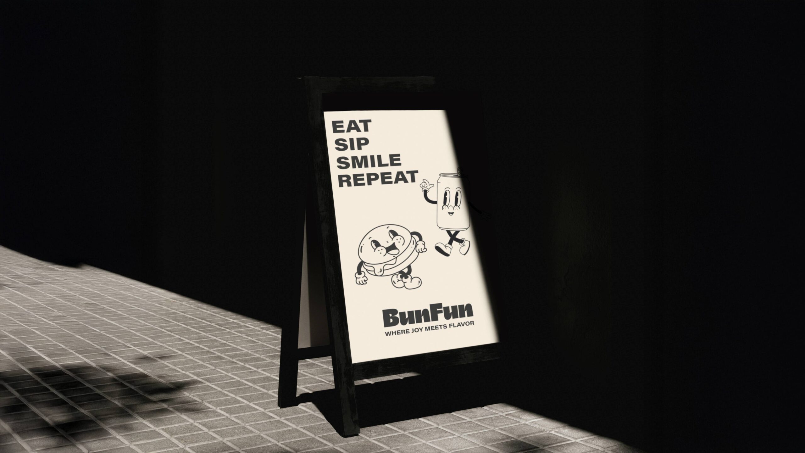 Diseño de señalética exterior: caballete publicitario con ilustraciones de estilo cartoon retro y el eslogan "Eat Sip Smile Repeat" para la hamburguesería BunFun.