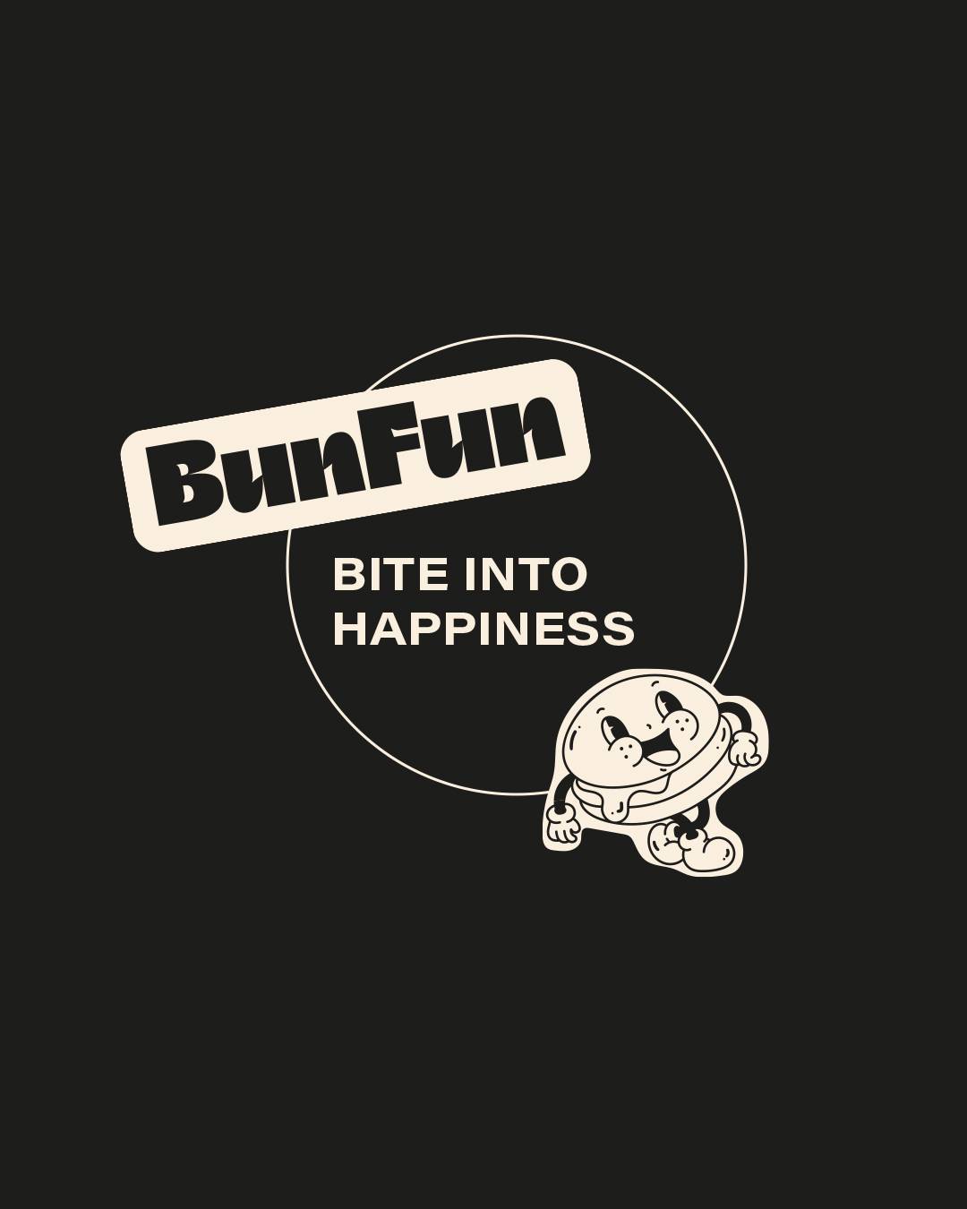 Aplicación de marca: composición gráfica circular con el mensaje "Bite into happiness", combinando la mascota y el logotipo sobre fondo negro.