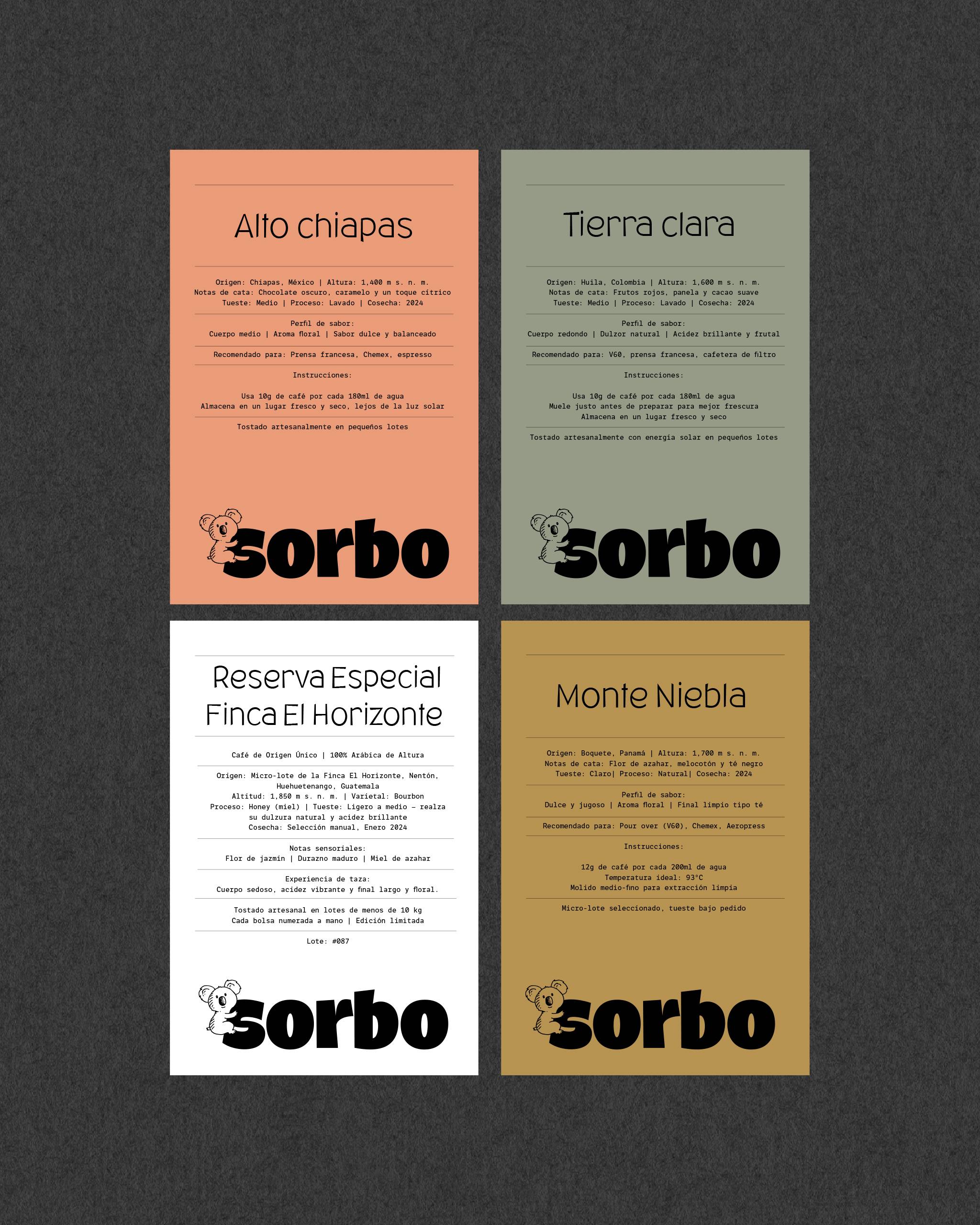 Diseño editorial de marca: cuadrícula con cuatro fichas técnicas de diferentes orígenes de café Sorbo, cada una con su código de color corporativo.