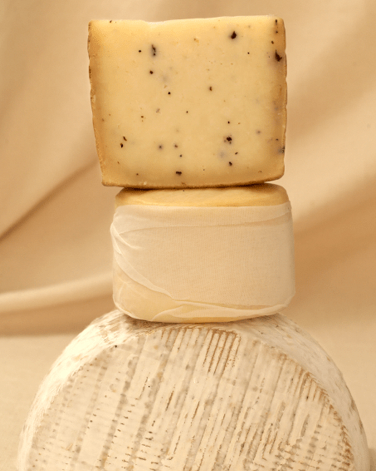 Bodegón artístico de productos lácteos: tres variedades de queso artesanal apiladas mostrando diferentes texturas, desde quesos trufados hasta variedades curadas.