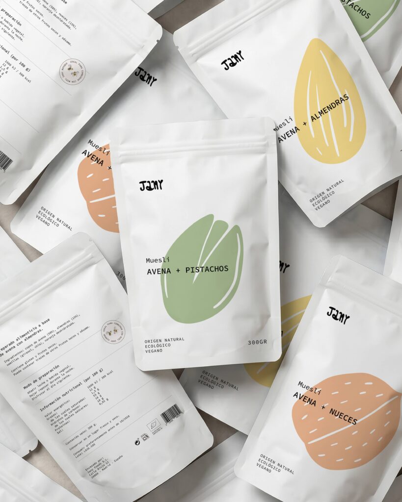 Diseño de packaging para muesli Jany con bolsas minimalistas ilustradas