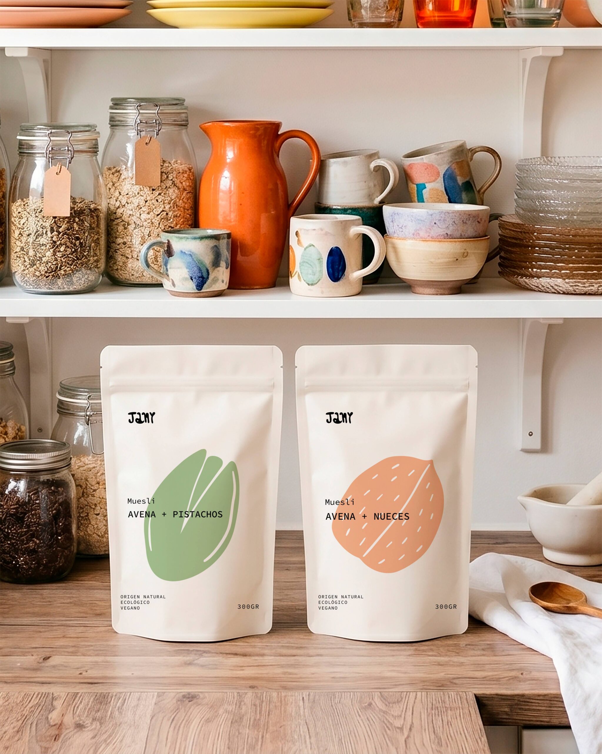 Packaging de muesli Jany avena y pistachos junto a productos de cocina y desayuno artesanal.