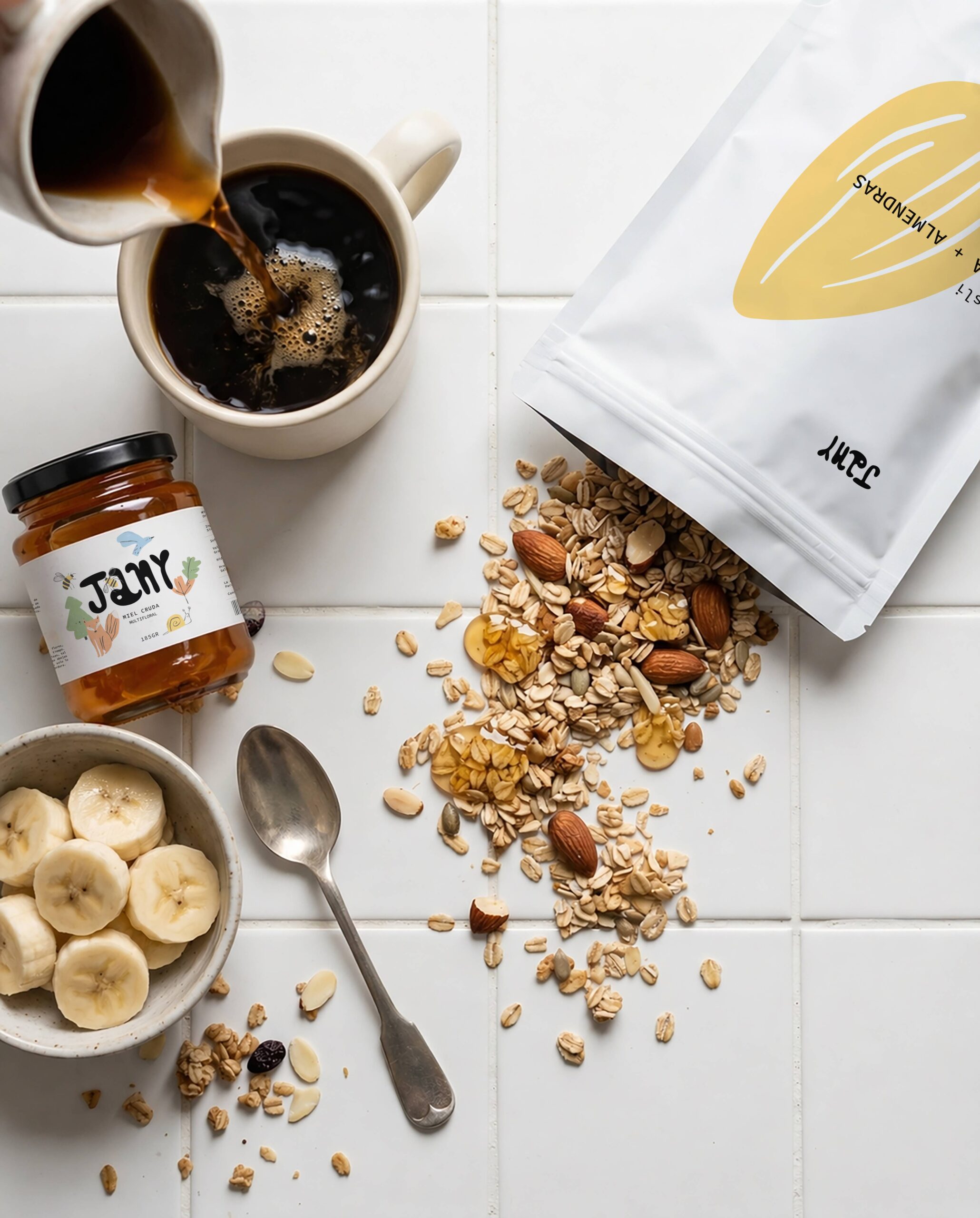 Escena de desayuno con café, miel y muesli Jany avena y almendras en packaging sostenible.